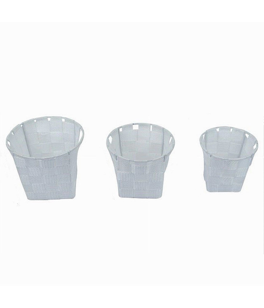 Set 3 Cestini Rotondi Portaoggetti In Tessuto Bianco Per Bagno Casa Cucina 79043         