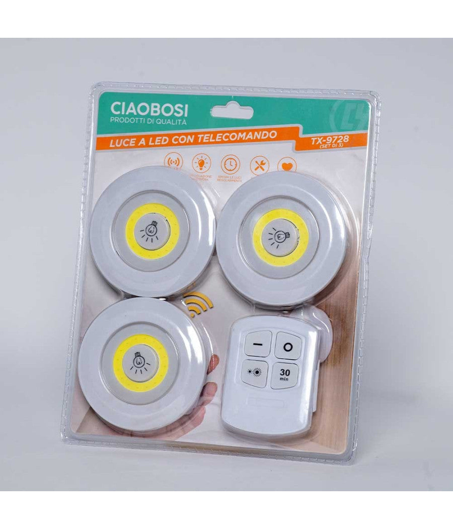 Set 3 Luci Led Cob Con Telecomando Luce Regolabile Lampada Disco Armadio Tx-9728         