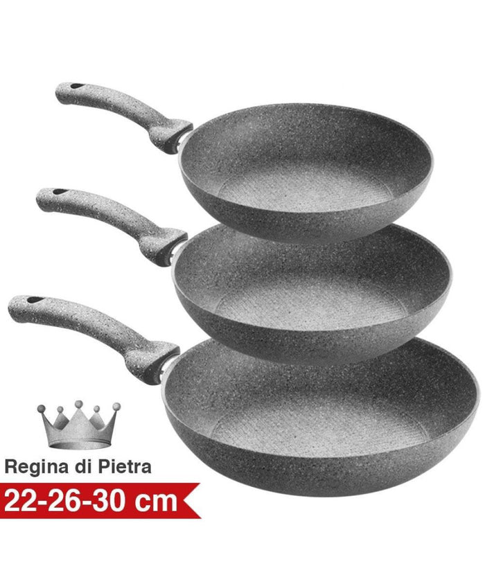 Set 3 Padelle In Pietra Antiaderenti Regina Di Pietra Diametro 22 - 26 - 30 Cm         
