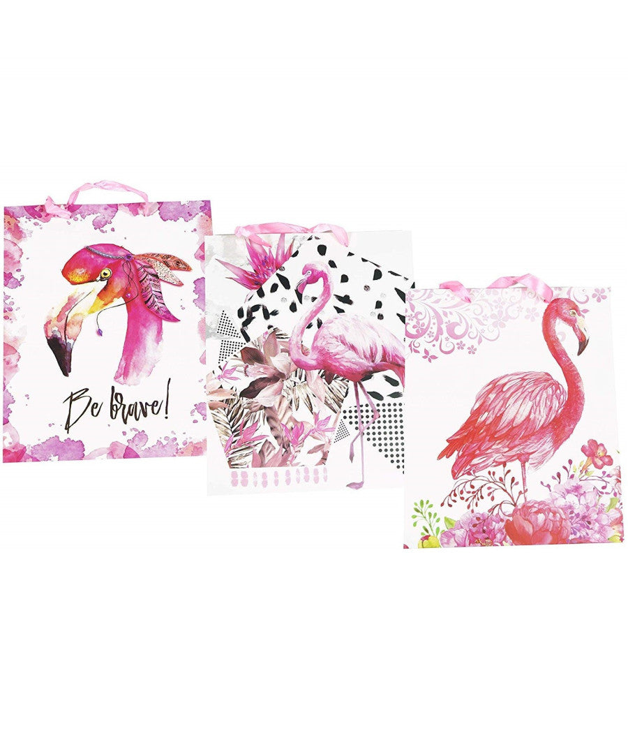 Set 3 Pezzi Busta Buste Piccola Fenicottero Regalo 23x18x8 Cm Sacchetti Festa         