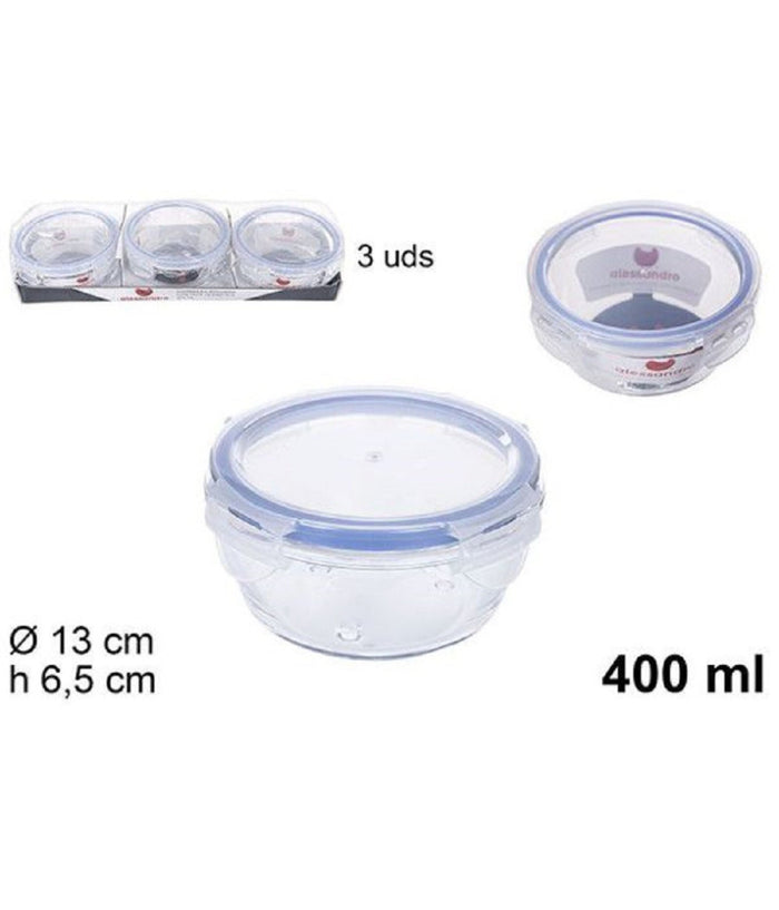 Set 3 Pezzi Contenitori Per Alimenti In Vetro Con Coperchi Plastica 400ml 110548         