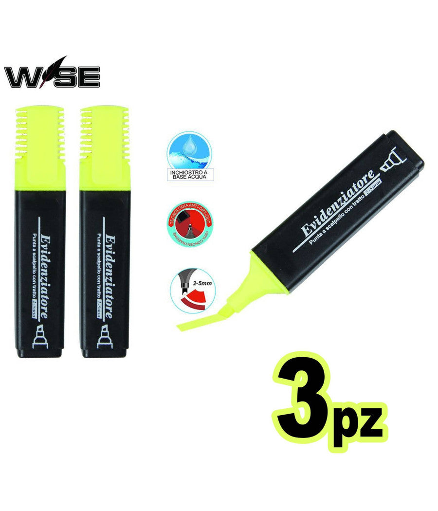 Set 3 Pezzi Evidenziatore Giallo Penna Penne Fluo Evidenziatori Scuola Ufficio         