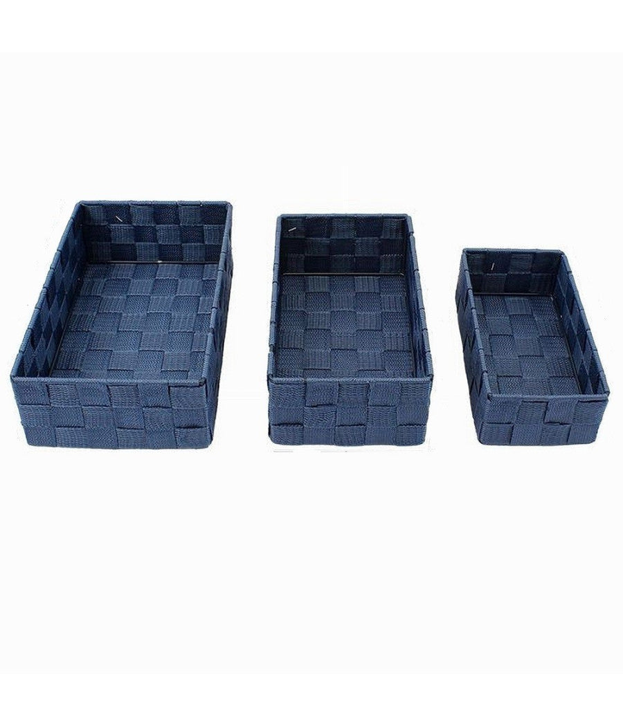 Set 3 Pezzi Scatola Porta Oggetti In Tessuto Intrecciato Contenitori Blu 79058         