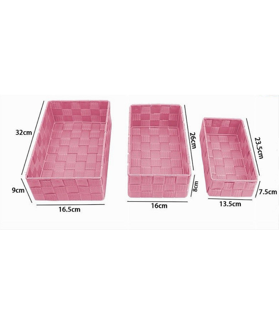 Set 3 Pezzi Scatola Porta Oggetti In Tessuto Intrecciato Contenitori Rosa 79059         