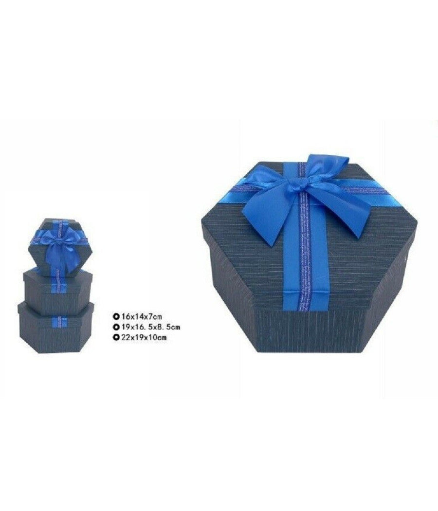 Set 3 Pezzi Scatole Box Per Regali Varie Misure Esagonali Blu Con Fiocco 69352         