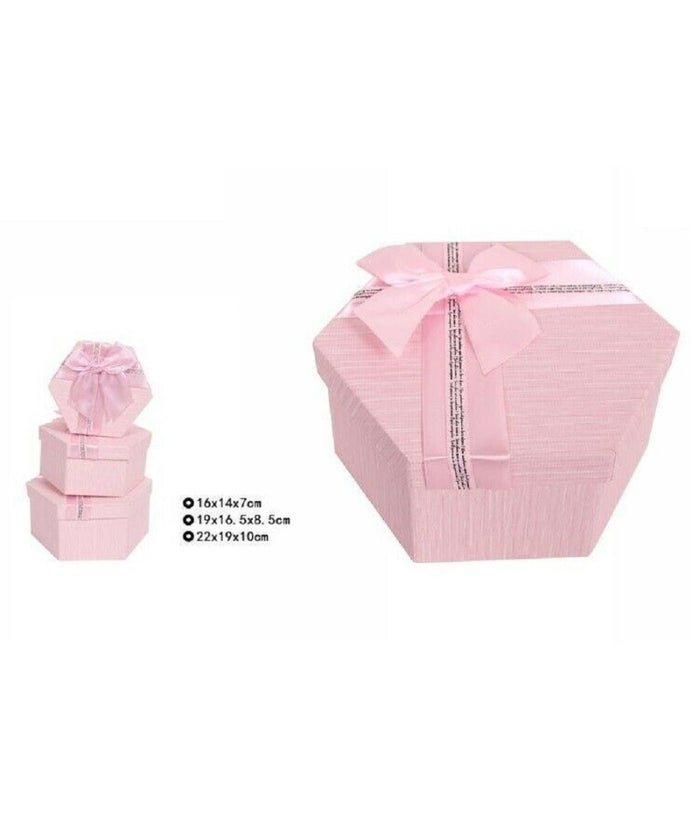 Set 3 Pezzi Scatole Box Per Regali Varie Misure Esagonali Rosa Con Fiocco 69351         