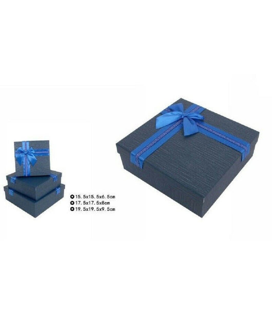 Set 3 Pezzi Scatole Box Per Regali Varie Misure Quadrate Blu Con Fiocco 69347         
