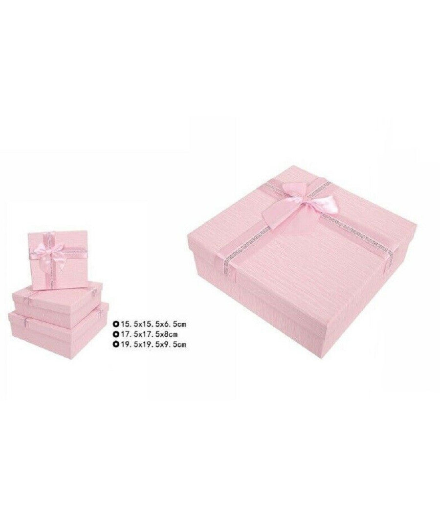 Set 3 Pezzi Scatole Box Per Regali Varie Misure Quadrate Rosa Con Fiocco 69346         