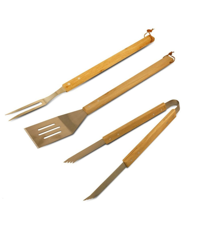 Set 3 Pezzi Utensili Barbecue In Acciaio E Legno Accessori Attrezzi Bbq Tools         