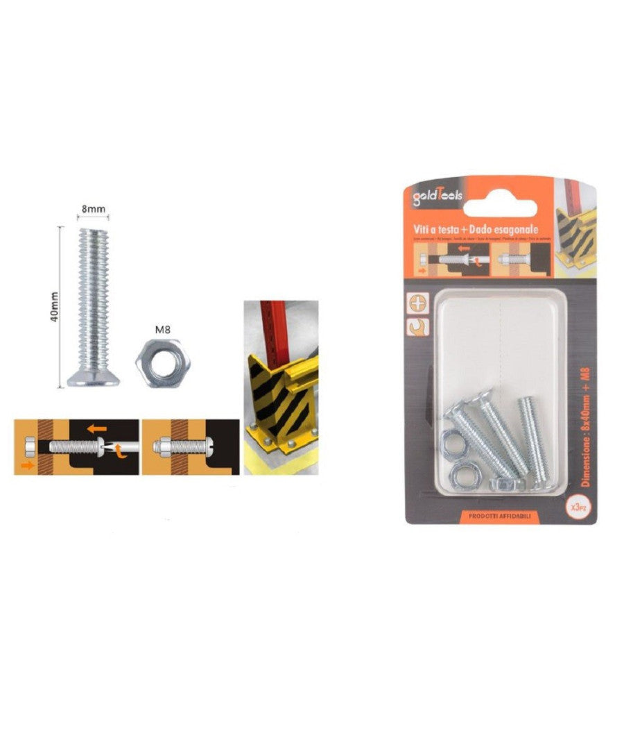 Set 3 Pezzi Viti Vite Testa A Croce Piatta 8 X 40 Mm Con Dado Esagonale M8 90949         