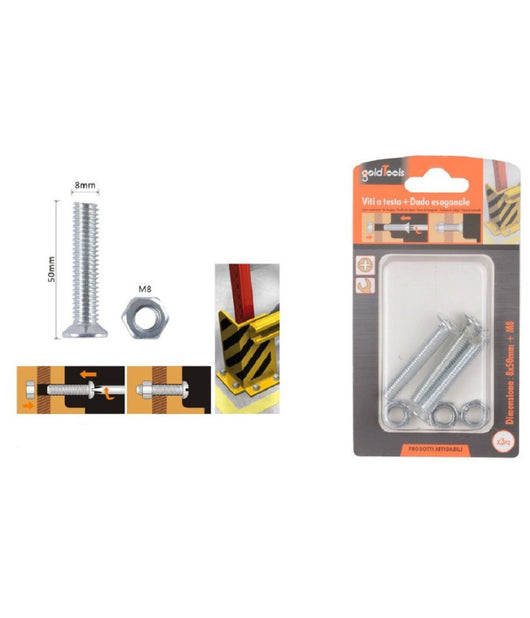 Set 3 Pezzi Viti Vite Testa A Croce Piatta 8 X 50 Mm Con Dado Esagonale M8 90950         