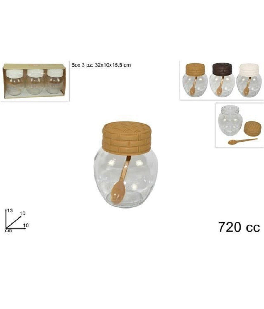 Set 3 Pz Barattoli In Vetro 720cc Con Coperchio Cucchiaino Contenitori 720150         