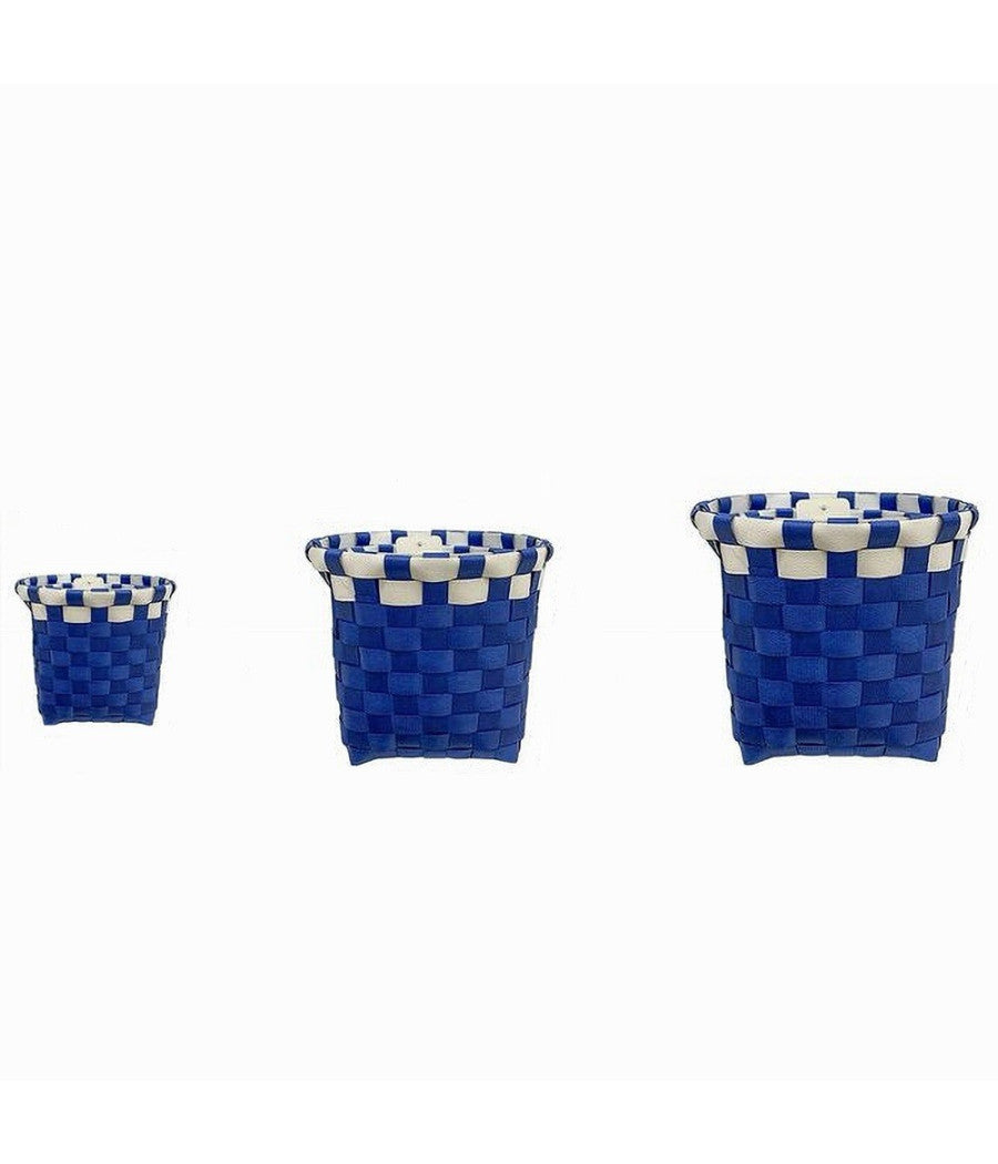 Set 3 Pz Cestini Porta Oggetti Organizer Tessuto Bagno Rotondi Blu Bianco 59076         