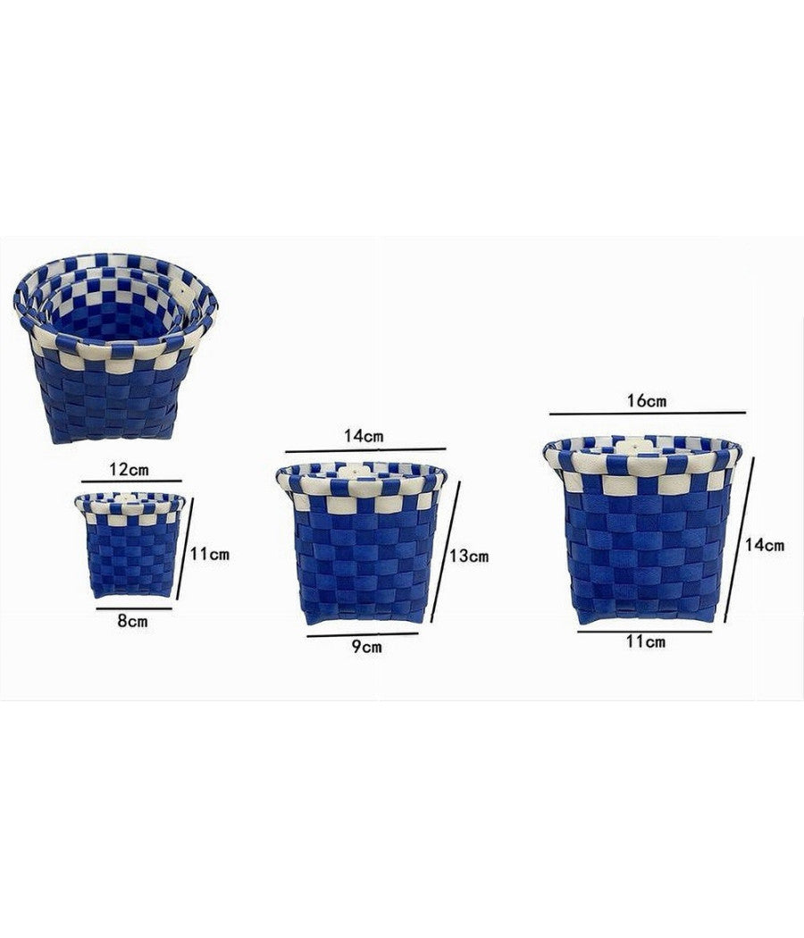 Set 3 Pz Cestini Porta Oggetti Organizer Tessuto Bagno Rotondi Blu Bianco 59076         