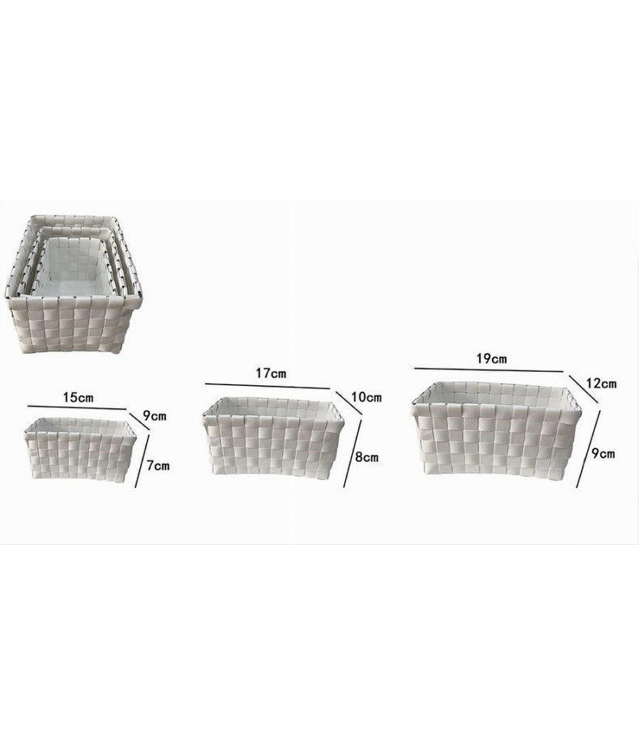 Set 3 Pz Cestini Portaoggetti Organizer Tessuto Bagno Rettangolari Bianco 59080         