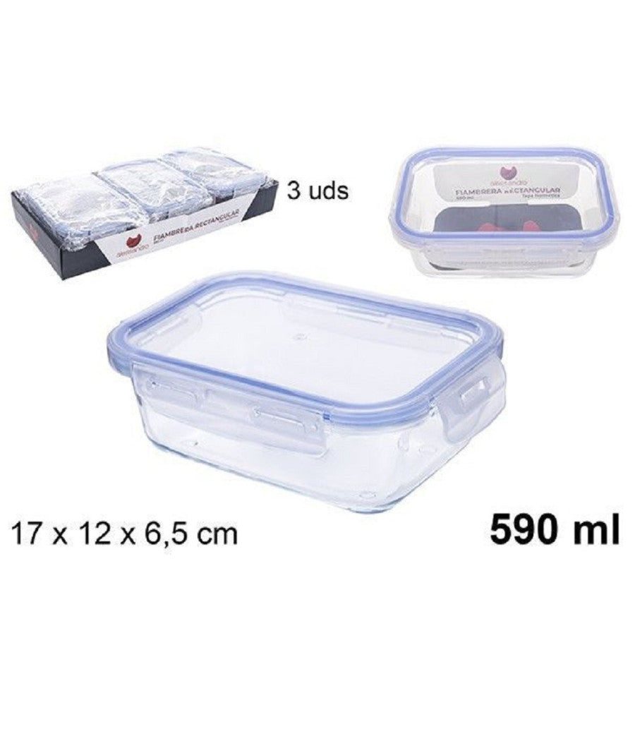 Set 3 Pz Contenitori Per Alimenti In Vetro Con Coperchio Plastica 590 Ml 105508         
