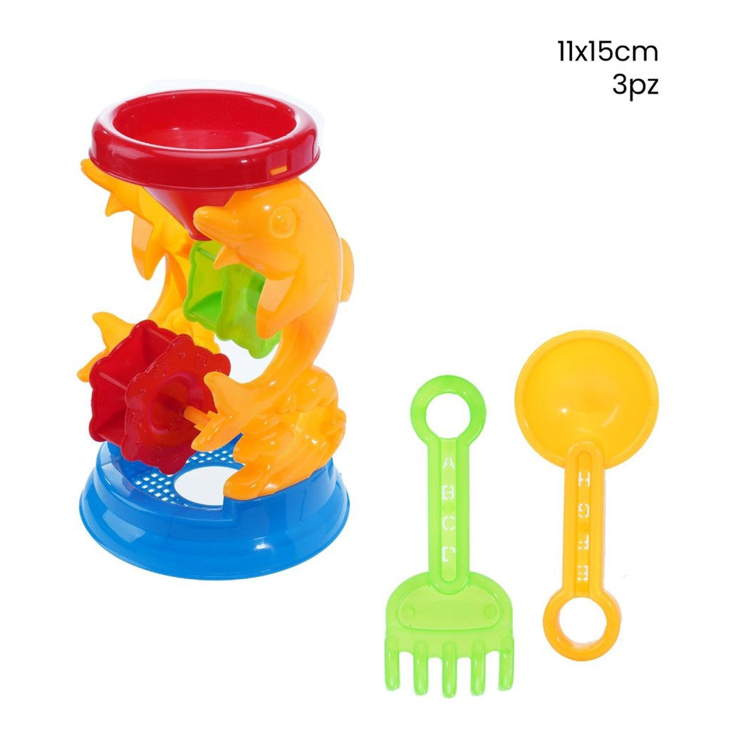 Trade Shop - Set 3 Pz Gioco Da Spiaggia Mare Con Mulino A Delfini Paletta Rastrello 11x15cm 258278 -