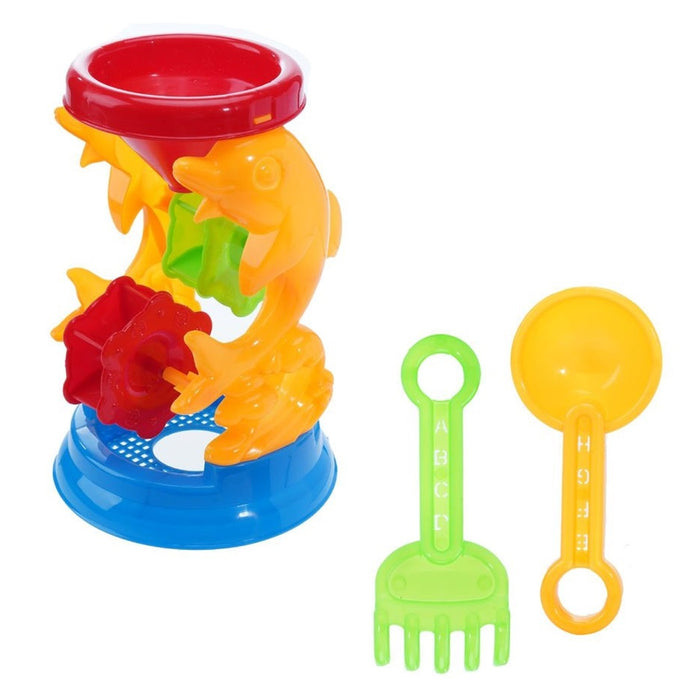Trade Shop - Set 3 Pz Gioco Da Spiaggia Mare Con Mulino A Delfini Paletta Rastrello 11x15cm 258278 -