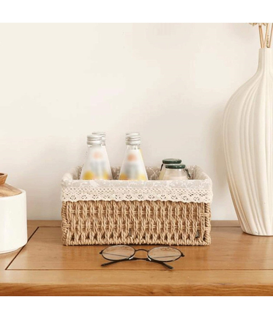 Set 3 Pz Porta Oggetti Organizer Cestino Intrecciato Con Fodera In Tessuto 79158         