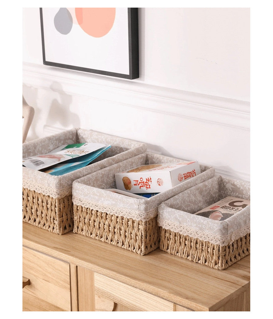 Set 3 Pz Porta Oggetti Organizer Cestino Intrecciato Con Fodera In Tessuto 79158         