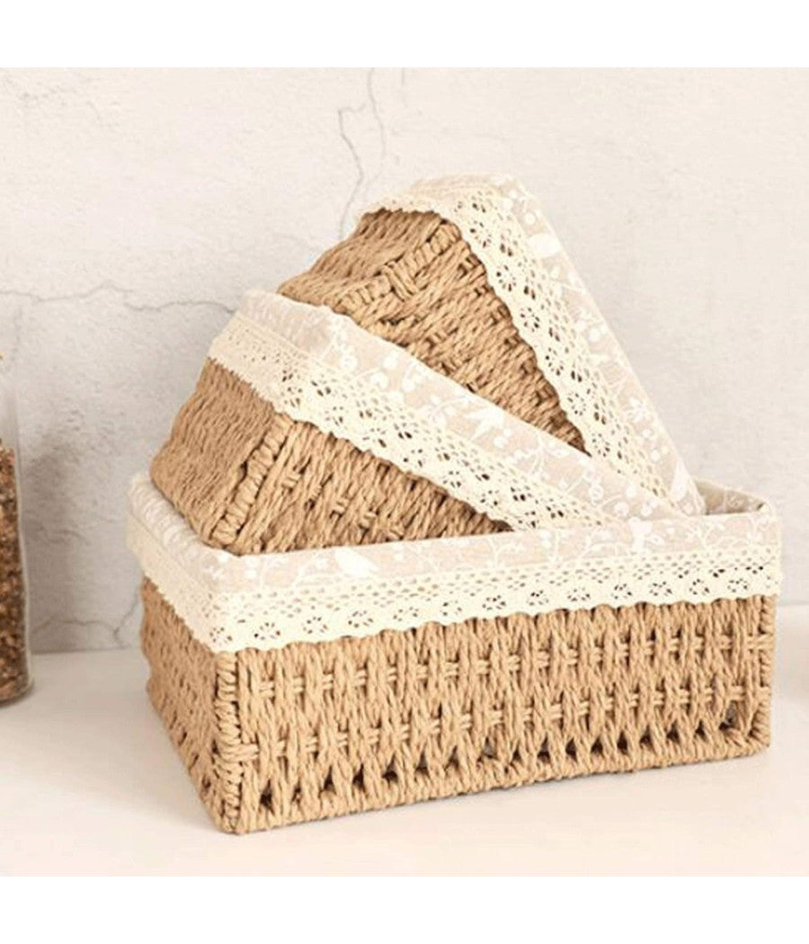 Set 3 Pz Porta Oggetti Organizer Cestino Intrecciato Con Fodera In Tessuto 79158         