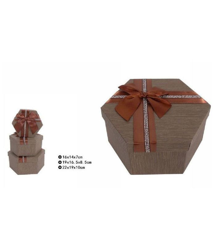 Set 3 Pz Scatole Box Per Regali Varie Misure Esagonali Marrone Con Fiocco 69353         