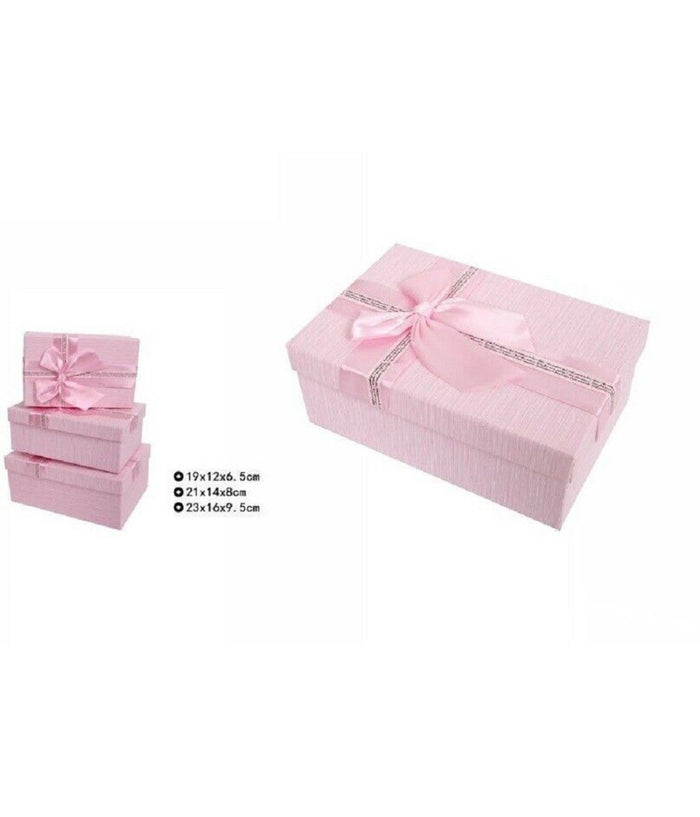 Set 3 Pz Scatole Box Per Regali Varie Misure Rettangolari Rosa Con Fiocco 69331         