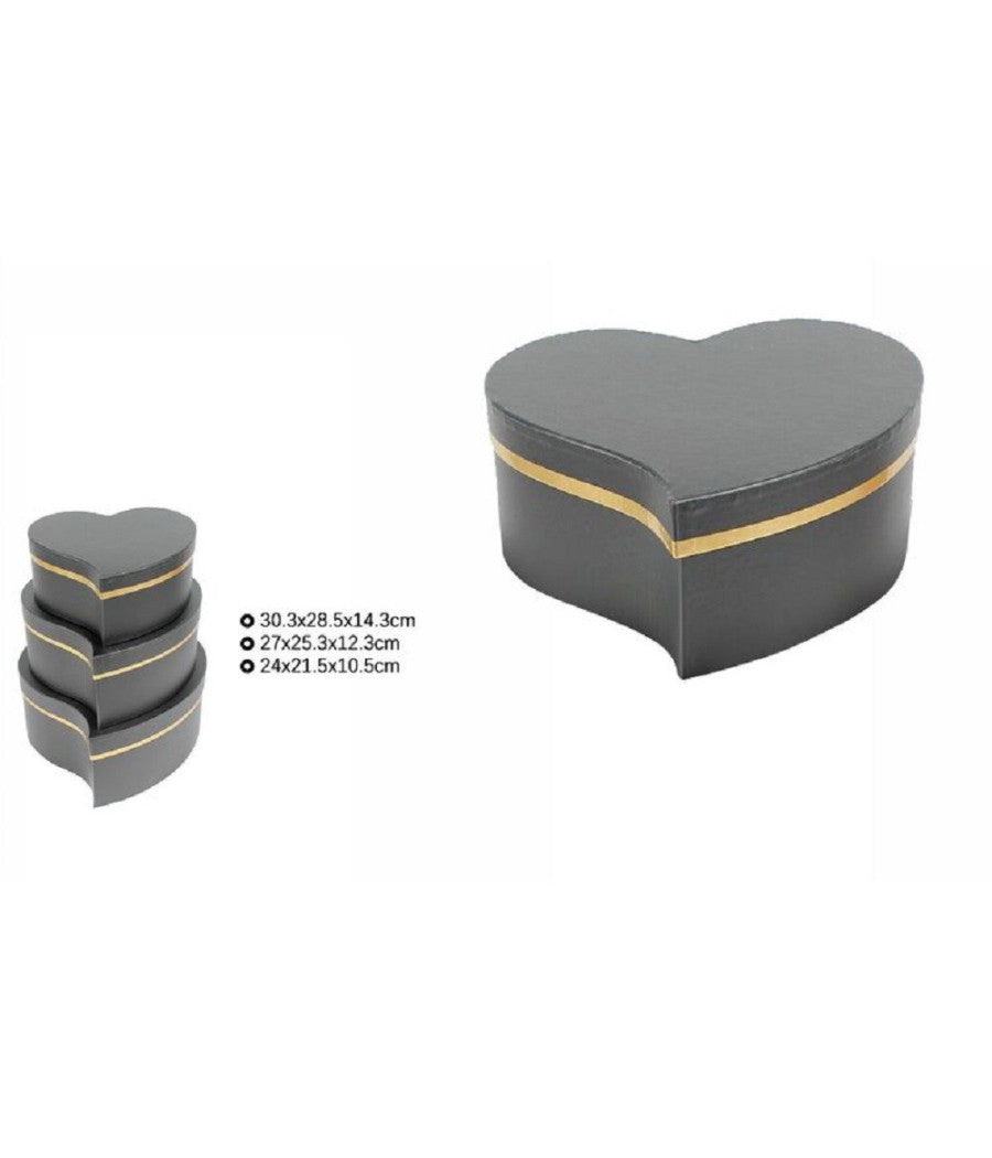 Set 3 Pz Scatole Box Regali Varie Misure Matrioska Forma Cuore Storto Nero 71932         