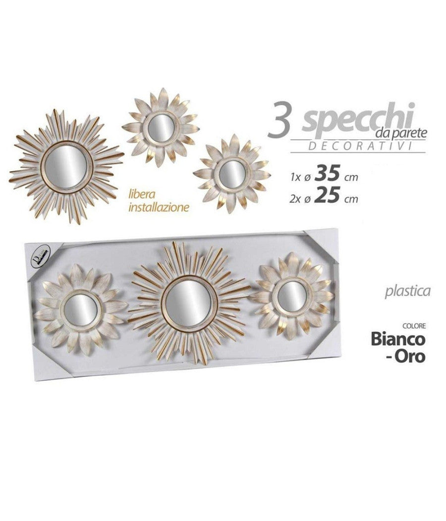 Set 3 Pz Specchi Parete Bianco Oro 25/35 Cm Plastica Libera Installazione 823909         