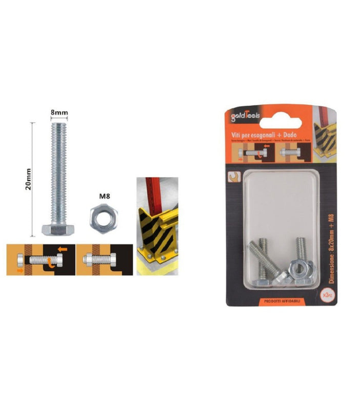 Set 3 Pz Vite Viti Per Esterno A Testa Esagonali 8 X 20mm Con Dadi Dado M8 90919         