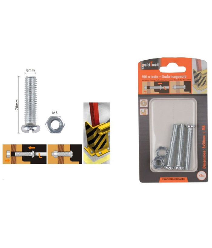Set 3 Pz Viti Vite Testa A Croce Tonda 8 X 50mm Con Dadi Dado Esagonale M8 90987         