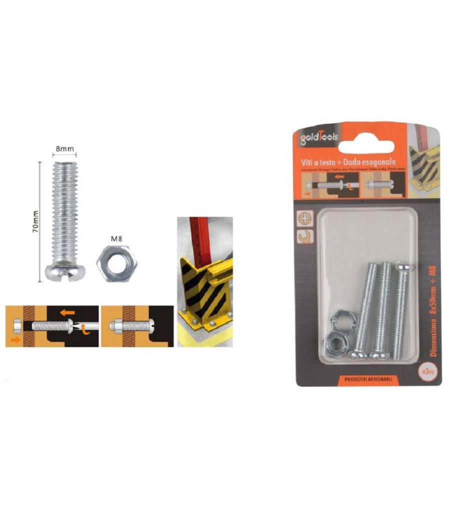 Set 3 Pz Viti Vite Testa A Croce Tonda 8 X 50mm Con Dadi Dado Esagonale M8 90987         