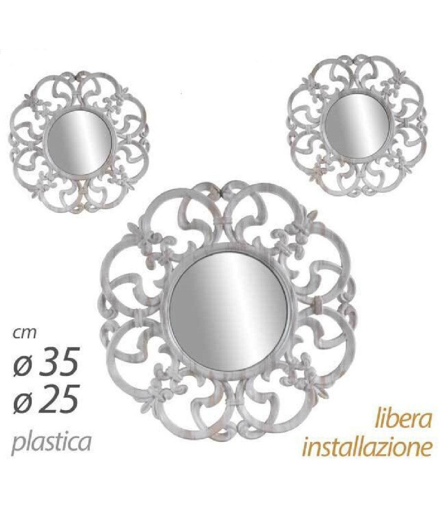 Set 3 Specchi Parete Decorativi Anticati Bianco Specchio Plastica 25-35cm 836886         
