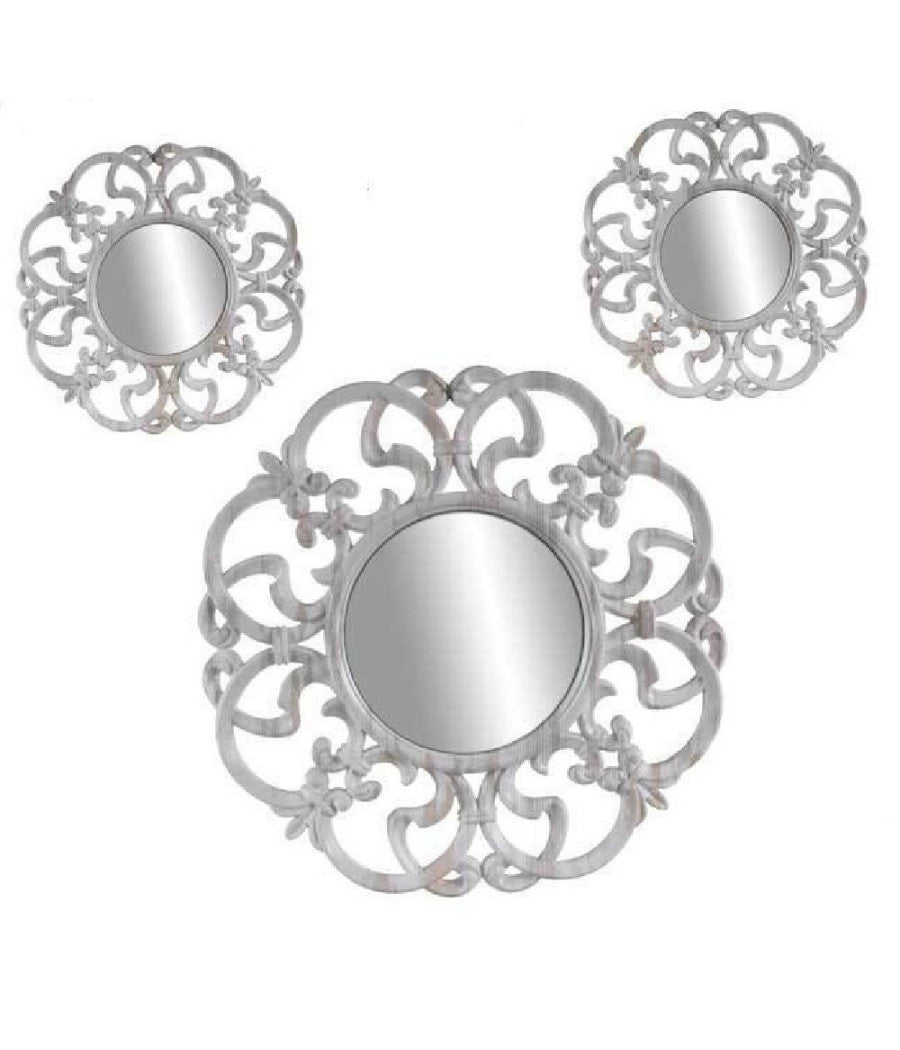 Set 3 Specchi Parete Decorativi Anticati Bianco Specchio Plastica 25-35cm 836886         