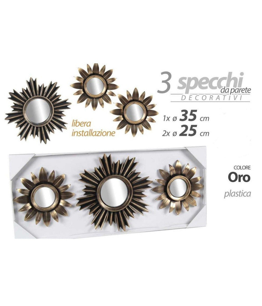 Set 3 Specchi Parete Decorativi Oro 25/35cm Plastica Libera Installazione 823893         