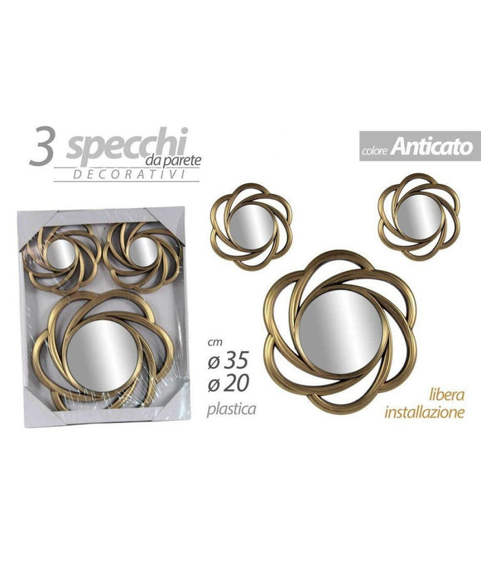 Set 3 Specchi Parete Decorativi Oro Anticato Libera Installazione 20-35cm 836855         