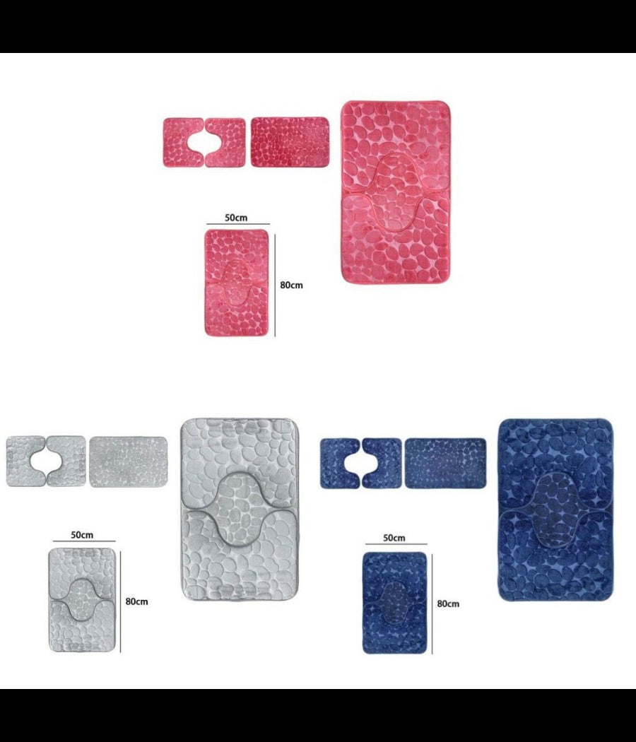 Set 3 Tappeti Tappetini Antiscivolo Per Bagno Arredo Colori Grigio Rosa Blu         