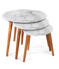 Set 3 Tavolini Effetto Marmo Piedi Legno Salotto Moderno Tondi à¸53-39-30cm 839429         