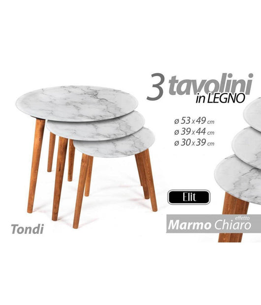 Set 3 Tavolini Effetto Marmo Piedi Legno Salotto Moderno Tondi à¸53-39-30cm 839429         