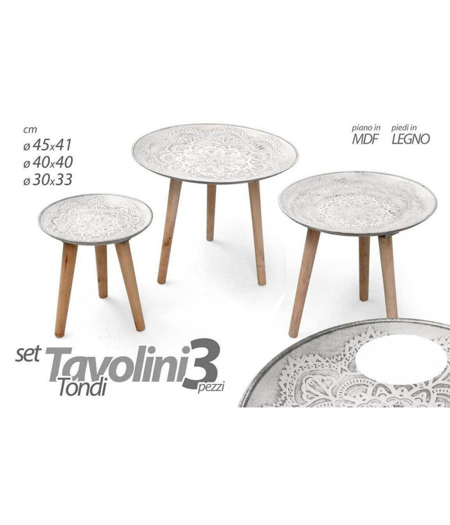 Set 3 Tavolini Piedi In Legno Salotto Giardino Decorati à¸45-40-30cm Tondi 783951         