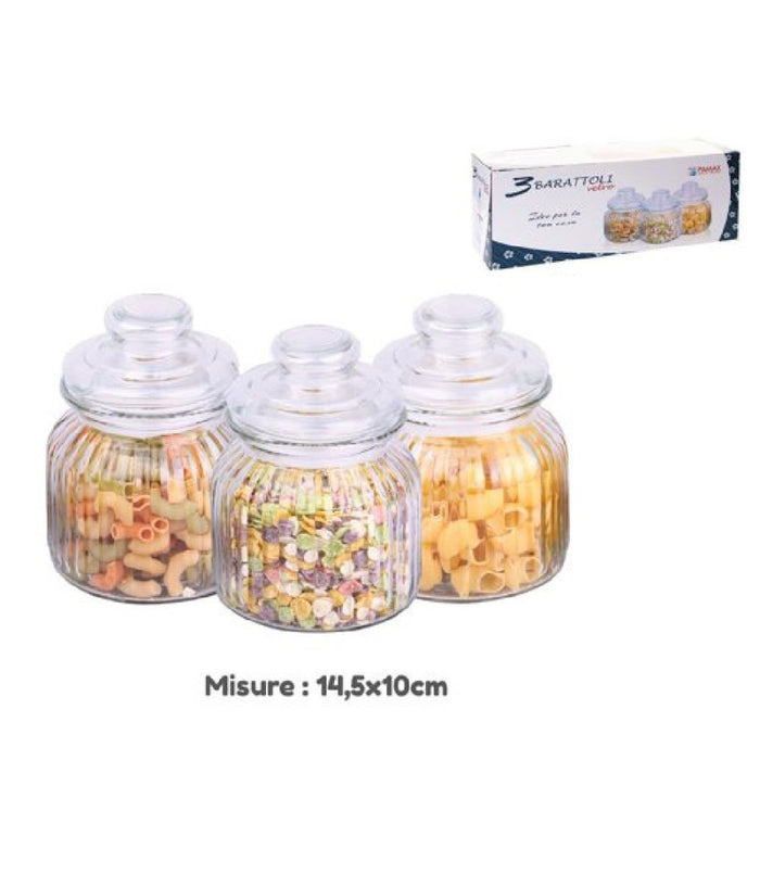 Set 3 Tris Barattoli Con Coperchio Vetro 14.5x10cm Cucina Pasta Biscotti 710916         