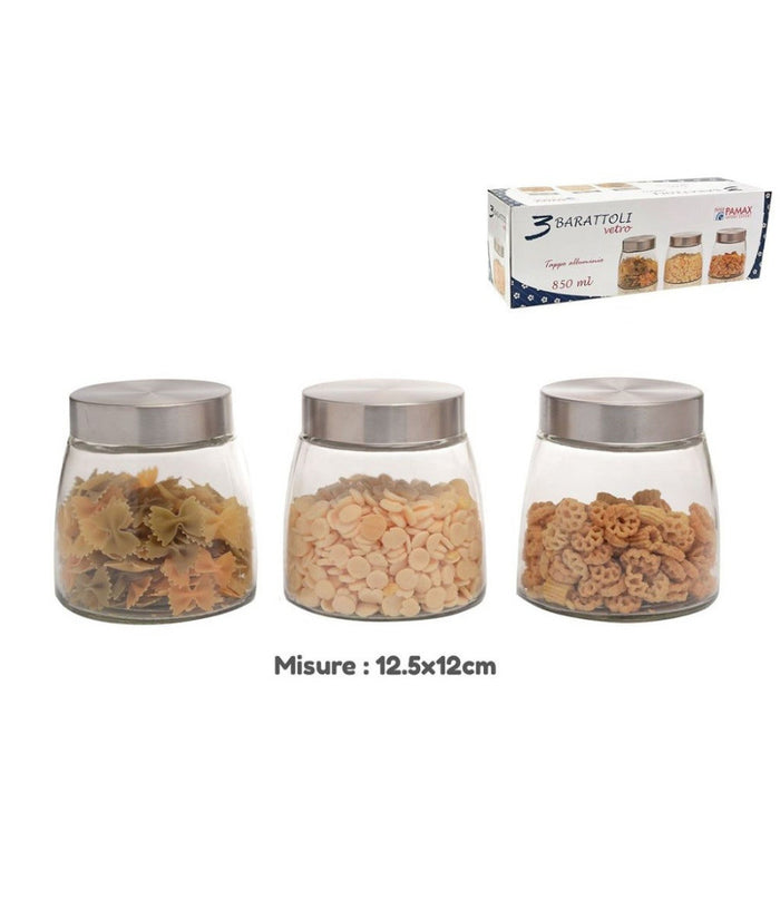Set 3 Tris Barattoli Con Coperchio Vetro Contenitori Pasta Biscotti 850ml 747646         
