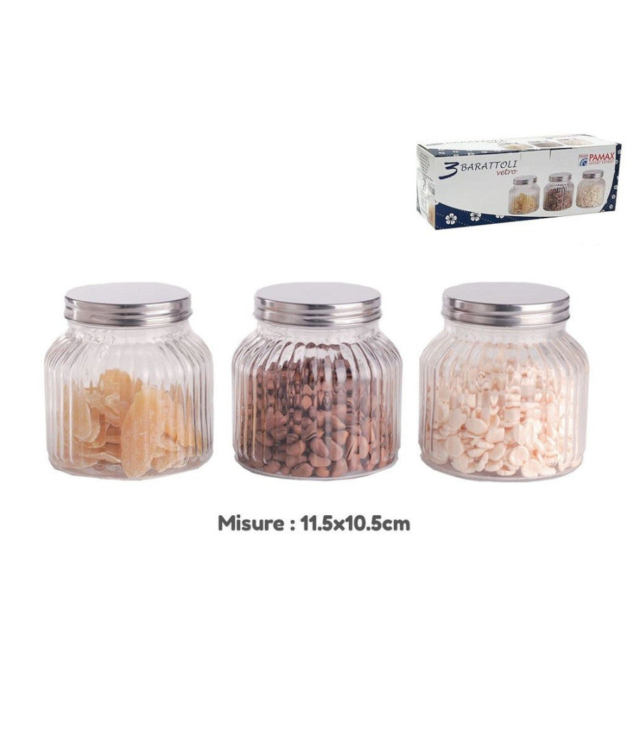 Set 3 Tris Barattoli Vetro Coperchio Alluminio Contenitori Biscotti 11.5x10.5cm         