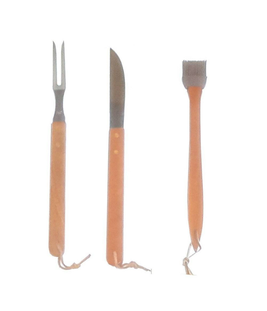 Set 3 Utensili Per Barbecue Forchettone Pennellino E Coltello Lama Bbq Attrezzi         