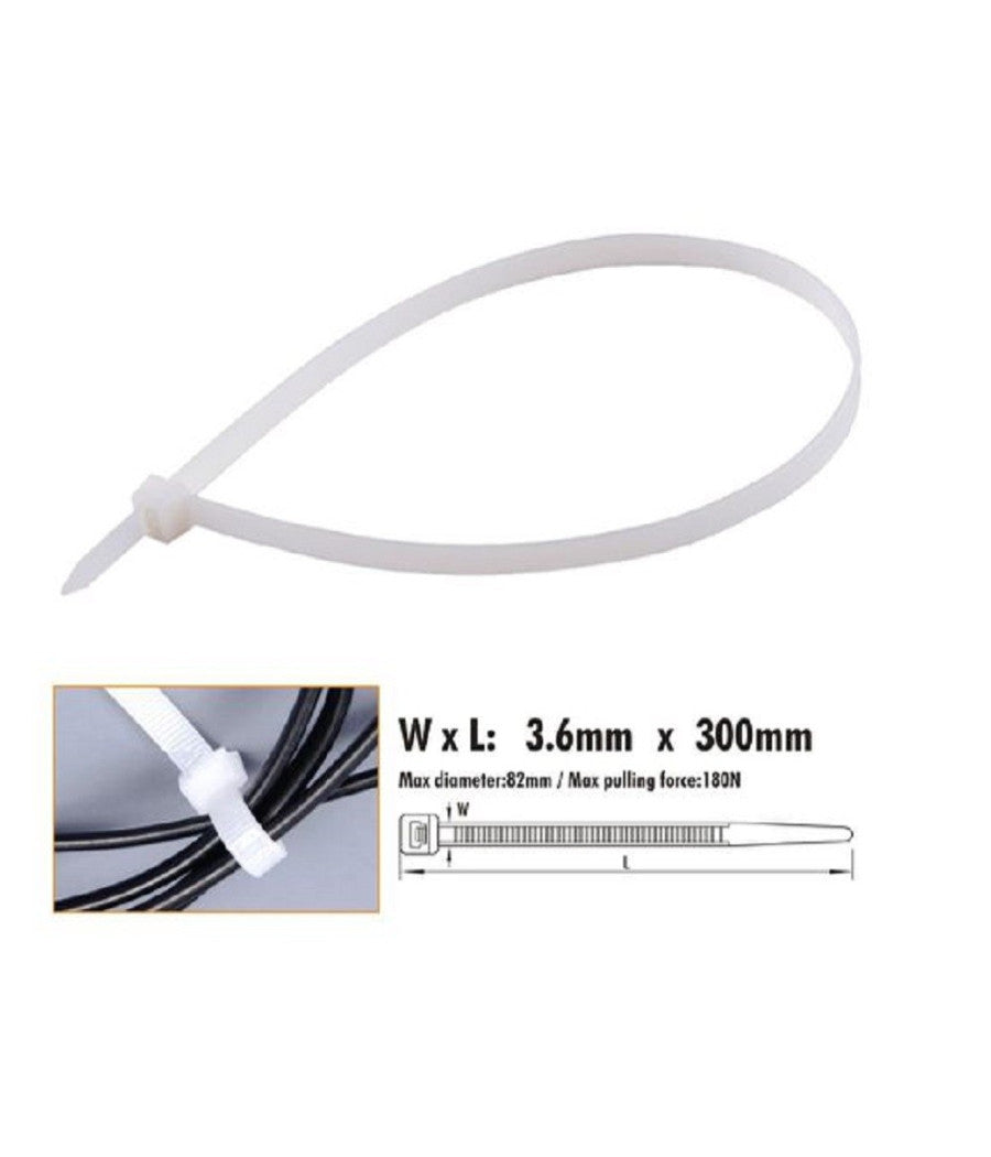 Set 30 Pz Fascette Cavi Cavo Bianco Stringenti In Plastica Nylon 3.6x300mm 92368         