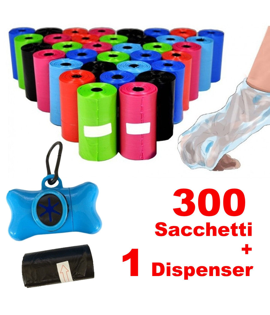 Set 300 Sacchetti Igienici Per Bisogni Escrementi Cani Raccolta Feci + Dispenser         