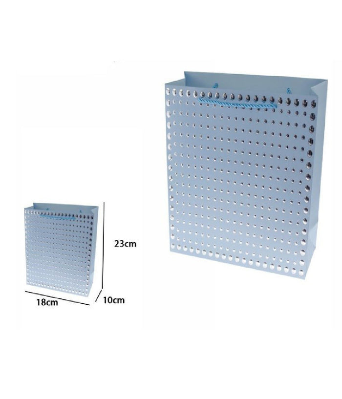 Set 3pz Buste Regalo Shopper Azzurra Borchie Maniglie Cordoncino 23x18x10cm 69942         