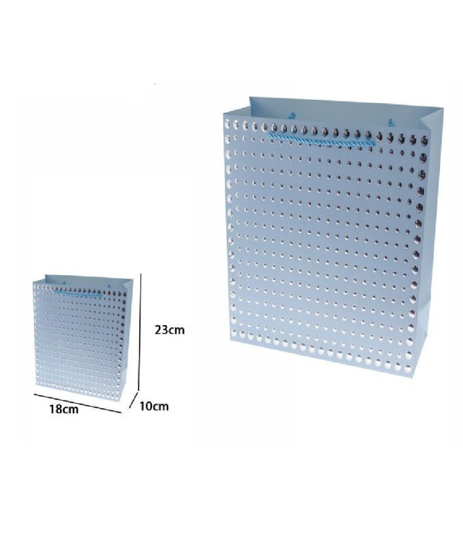 Set 3pz Buste Regalo Shopper Azzurra Borchie Maniglie Cordoncino 23x18x10cm 69942         