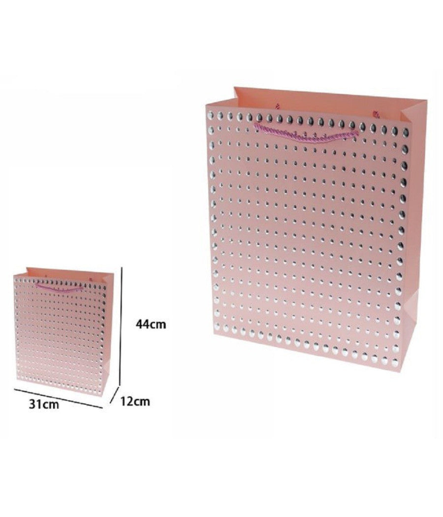 Set 3pz Buste Regalo Shopper Rosa Borchie Maniglie Cordoncino 44x31x12cm 69948         