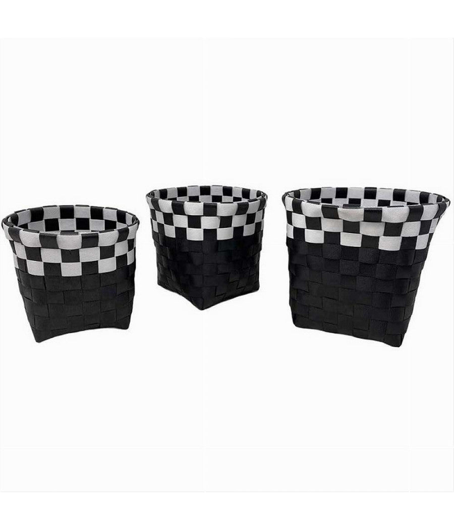 Set 3pz Cestini Porta Oggetti Organizer Tessuto Bagno Rotondi Nero Bianco 59073         